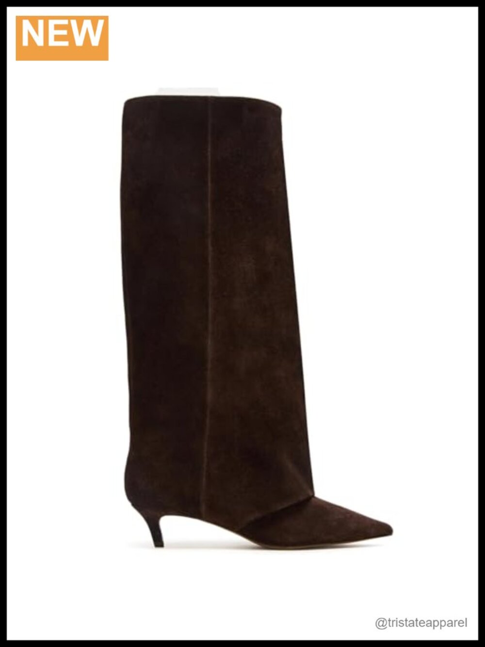 Suede Knee High Boots Pointed Toe Fold Over Pull On 2 Inch Kitten Heel